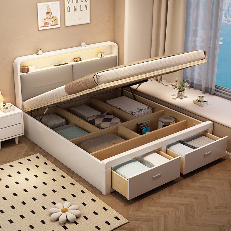 云羽白色2米x2米实木床现代简约两米二主卧大床北欧高箱储物双人