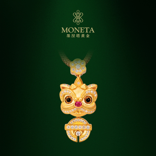 MONETA古法黄金醒狮镶钻吊坠