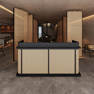 民宿藤编侘寂风收银台店铺小型前台餐饮店门口咨客台接待台迎宾台