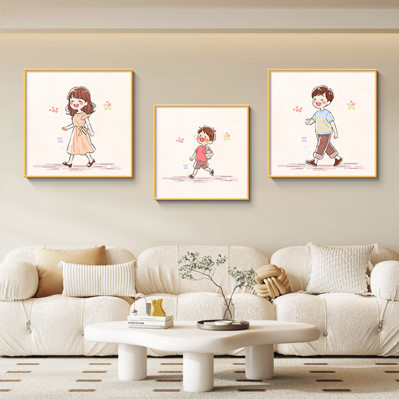 奶油风一家三四口客厅组合装饰画温馨卡通餐厅壁画全家福卧室挂画图片