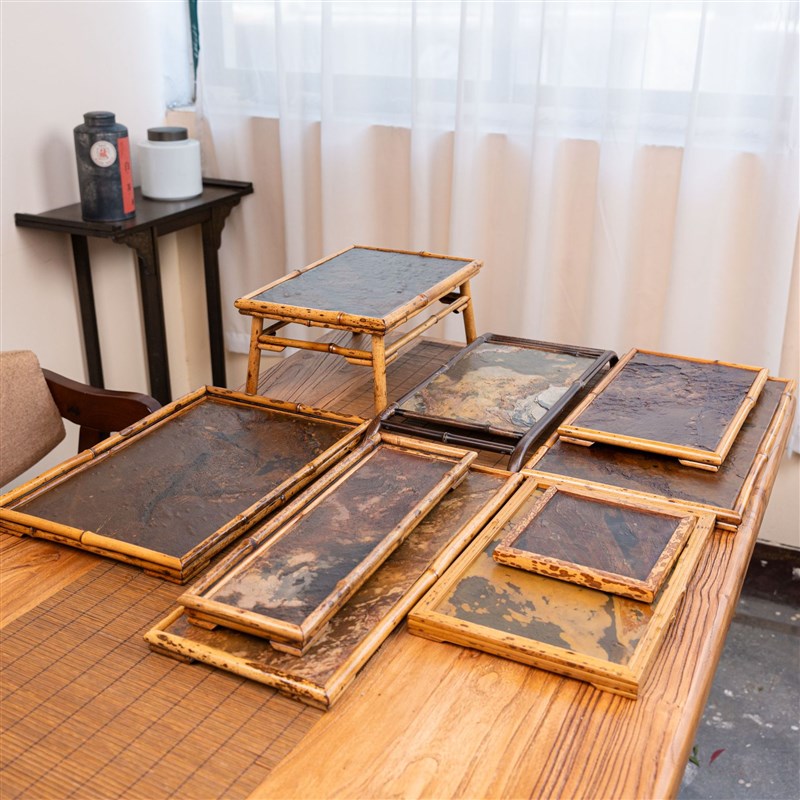 安吉梅鹿竹石面茶盘 石面茶盘 石头制作竹工艺品 斑竹大漆制品