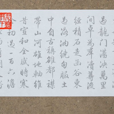梁诗正行书跋仇英清明上河图水写布 放大尺寸6厘米字体循环练字