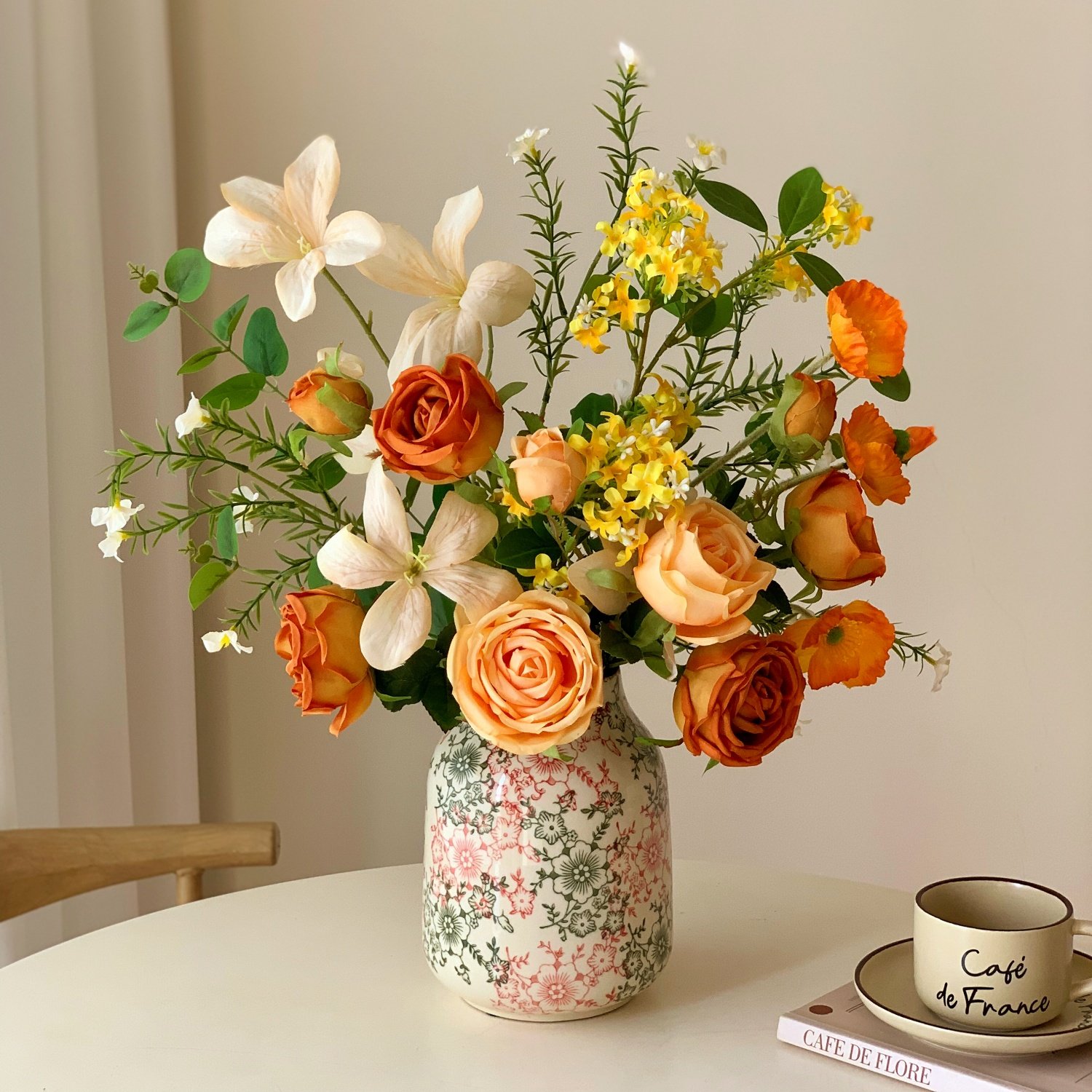橘色玫瑰花仿真花花束假花陶瓷瓶