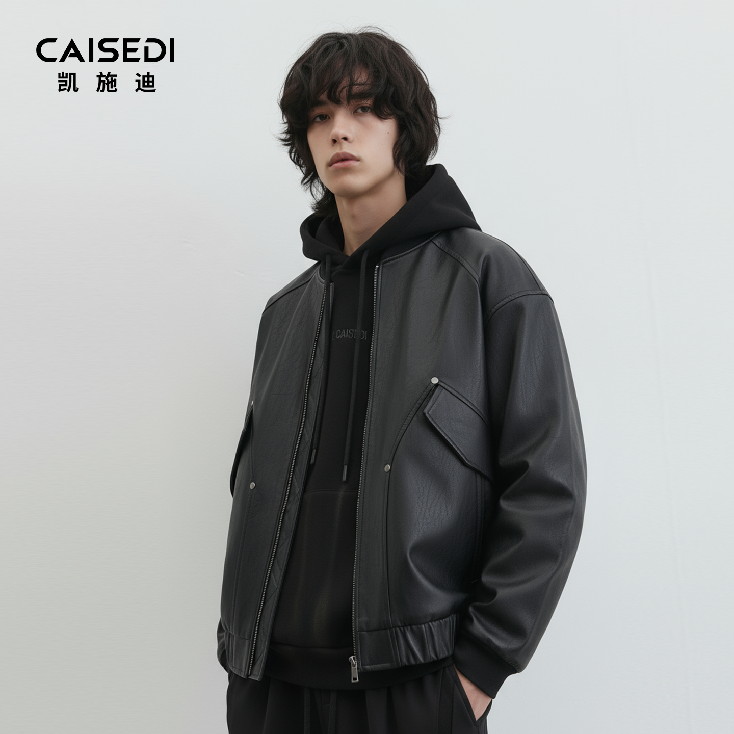 凯施迪短款棒球领PU皮衣夹克男士