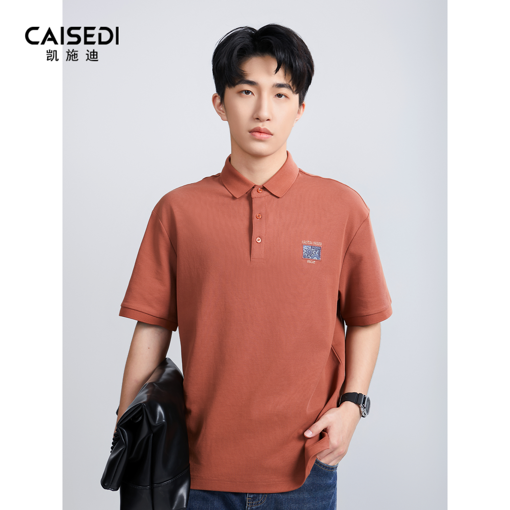 凯施迪橘色休闲短袖翻领T恤男士