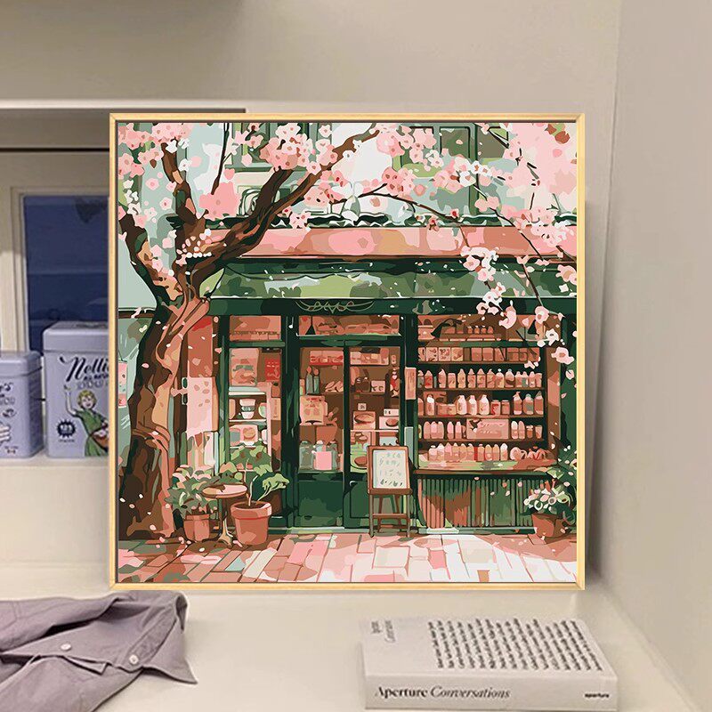 街边小店数樱花装饰画仿油画风景建筑唯美治愈方形卧室客厅摆挂画