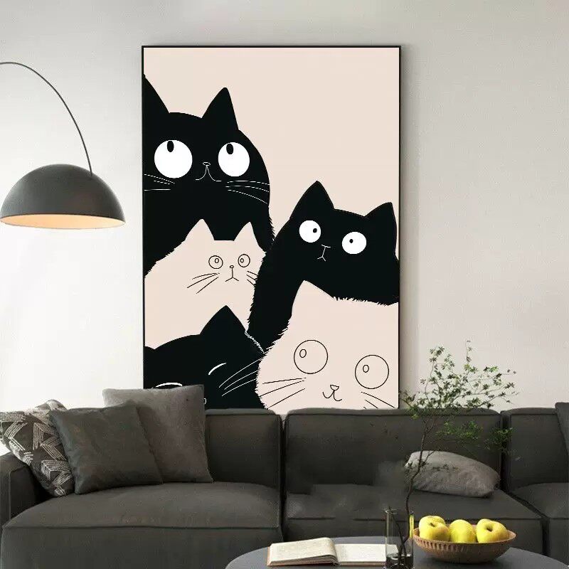现代简约黑白抽象猫咪装饰画可爱卡通简笔画氛围感卧室客厅摆挂画