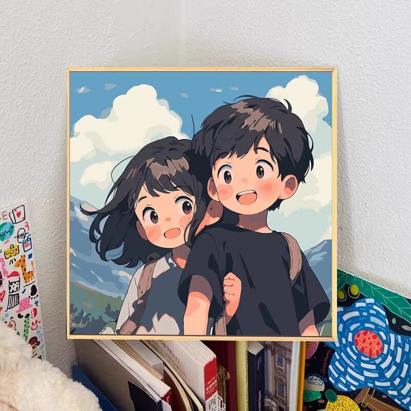 宫崎骏动漫情侣头像装饰画成品仿油画卡通男孩女孩方形卧室摆挂画