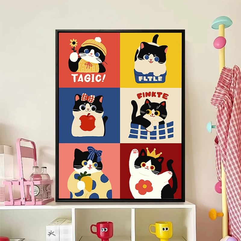 多巴胺奶牛黑猫咪装饰画卡通趣味小众可爱治愈儿童卧室客厅摆挂画