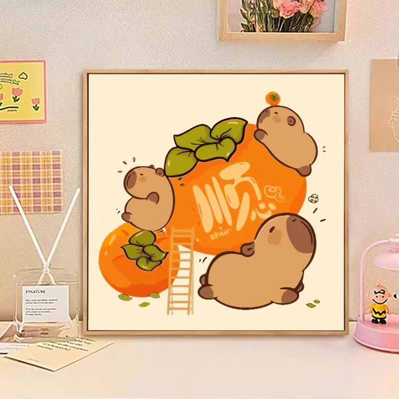 卡皮巴拉方形可爱装饰画成品柿柿如意动物卡通表情包卧室儿童挂画
