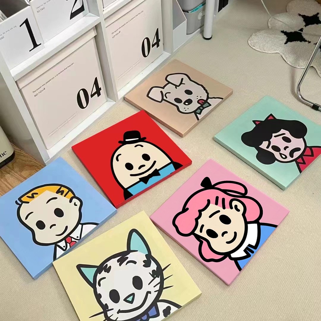 方形简约卡通人物宠物头像装饰画创意可爱小众艺术卧室客厅摆挂画