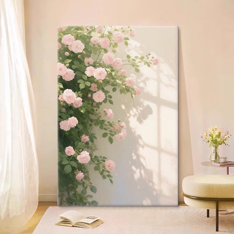 仿油画风景玫瑰花卉奶油风客厅卧室背景墙装饰画粉色蔷薇玄关挂画
