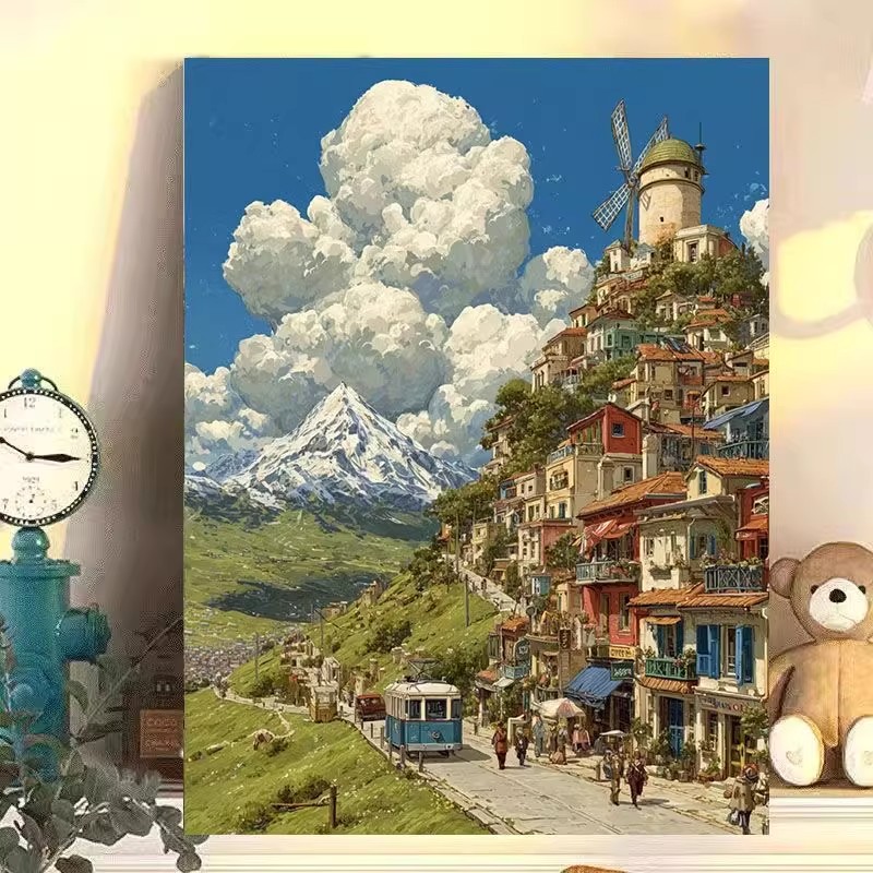 宫崎骏卡通小镇装饰画仿油画风景成品唯美清新治愈卧室客厅摆挂画