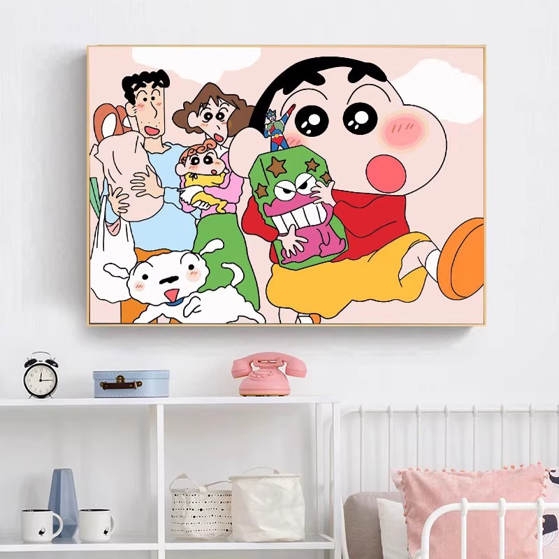 蜡笔小新横版装饰画卡通动漫仿油画可爱温馨一家人卧室客厅摆挂画