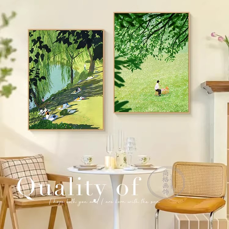 北欧小清新绿色艺术装饰画仿油画风景唯美成品治愈卧室客厅摆挂画