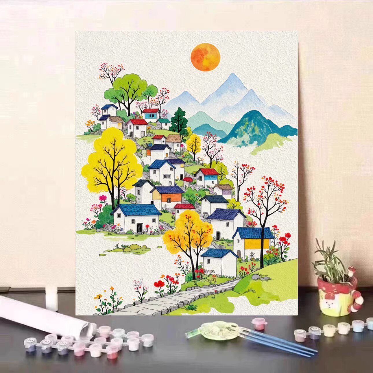 山川树木卡通装饰画仿油画风景唯美治愈清新氛围感卧室客厅摆挂画