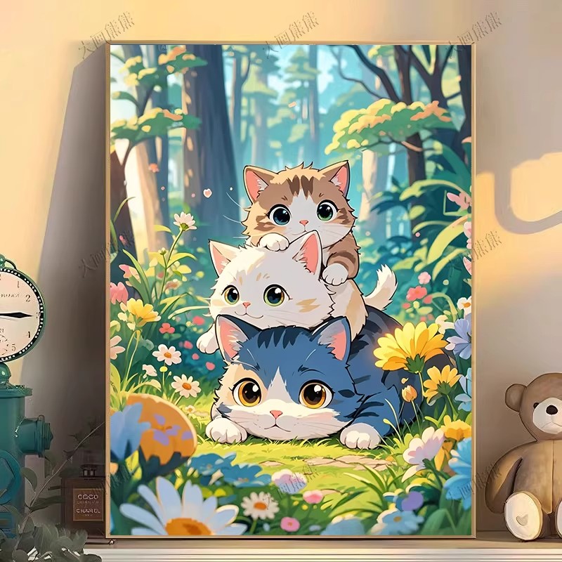 新品猫咪卡通人物数字油画手工diy填色丙烯画儿童成人解压油彩画