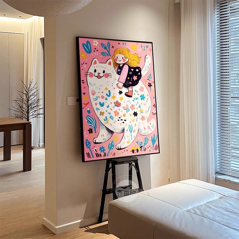 现代简约趣味卡通可爱女孩装饰画粉色系猫咪氛围感卧室客厅摆挂画