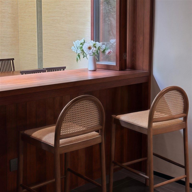 实木藤编吧台椅酒吧椅家用岛台椅侘寂风吧台高脚凳前台高脚椅