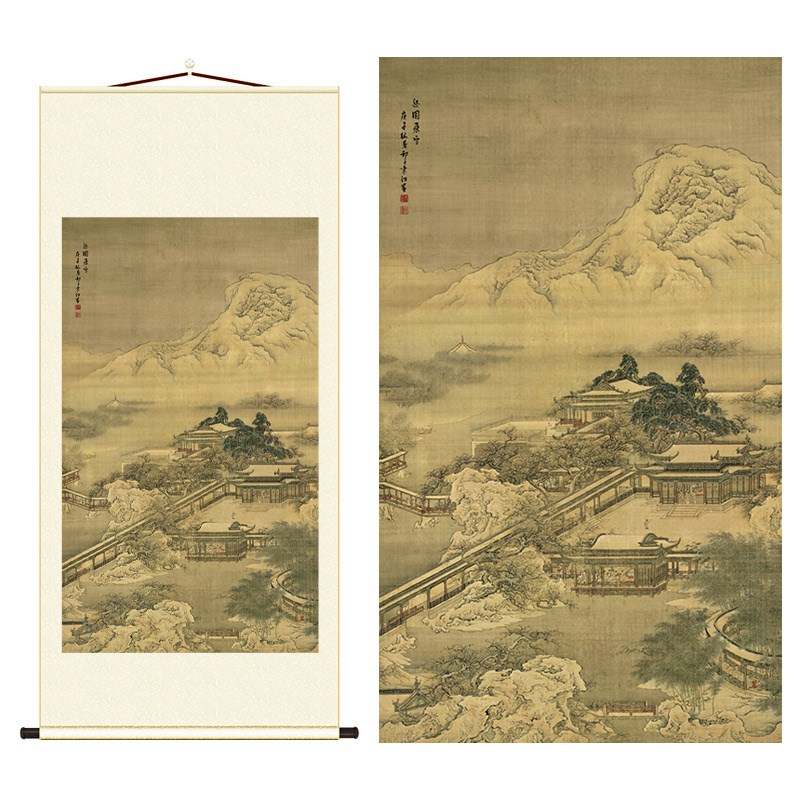 清 袁江 梁园飞雪图国画真迹高清微喷复制风景人物装饰画客厅挂画