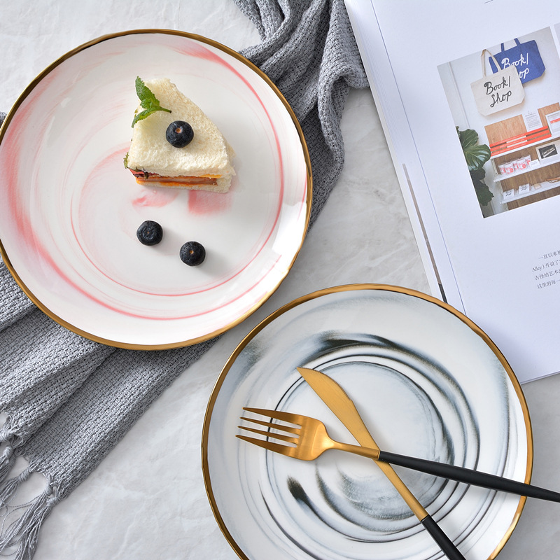 大理石纹镀金边西餐盘创意牛排盘子菜盘陶瓷盘餐具蛋糕盘宴会摆盘