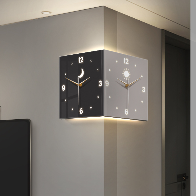 免打孔客厅面挂钟创意时钟壁灯画黑白转角钟静音钟表挂墙