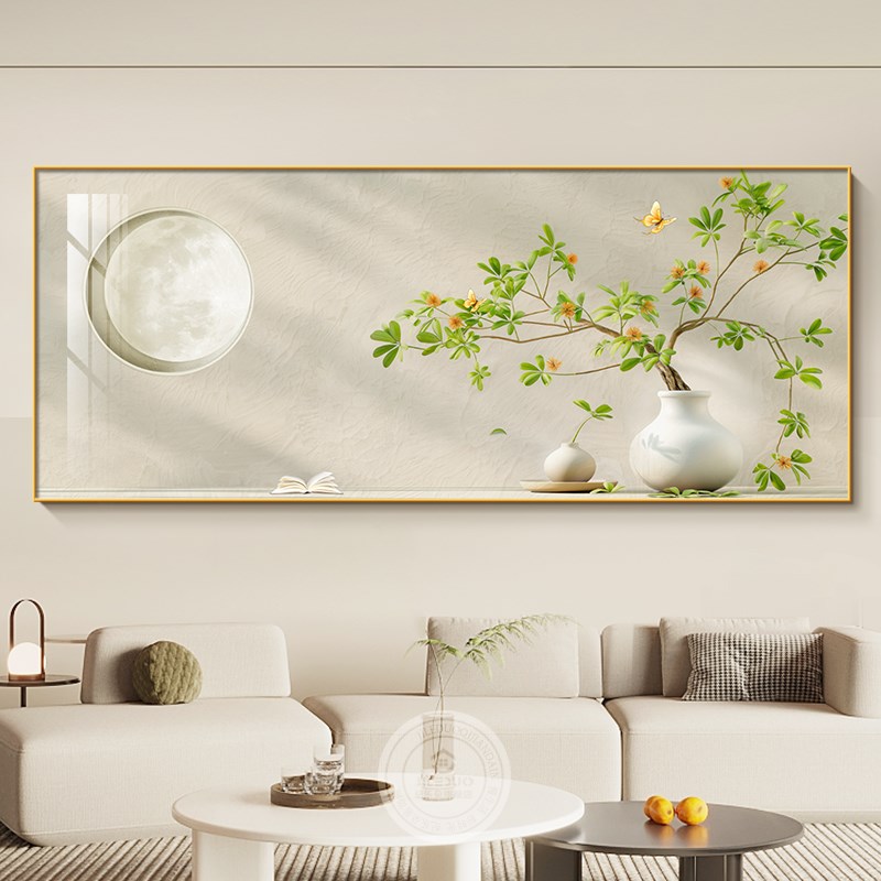 202新款现代绿植装饰画小清新沙发背景墙挂画奶油风横版壁画