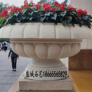 盛城石艺砂岩雕塑盆欧式钵酒店会所别墅绿植装饰美陈器