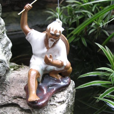 陶瓷钓鱼翁姜大公假山盆景水族鱼缸上水石头流水喷泉装饰