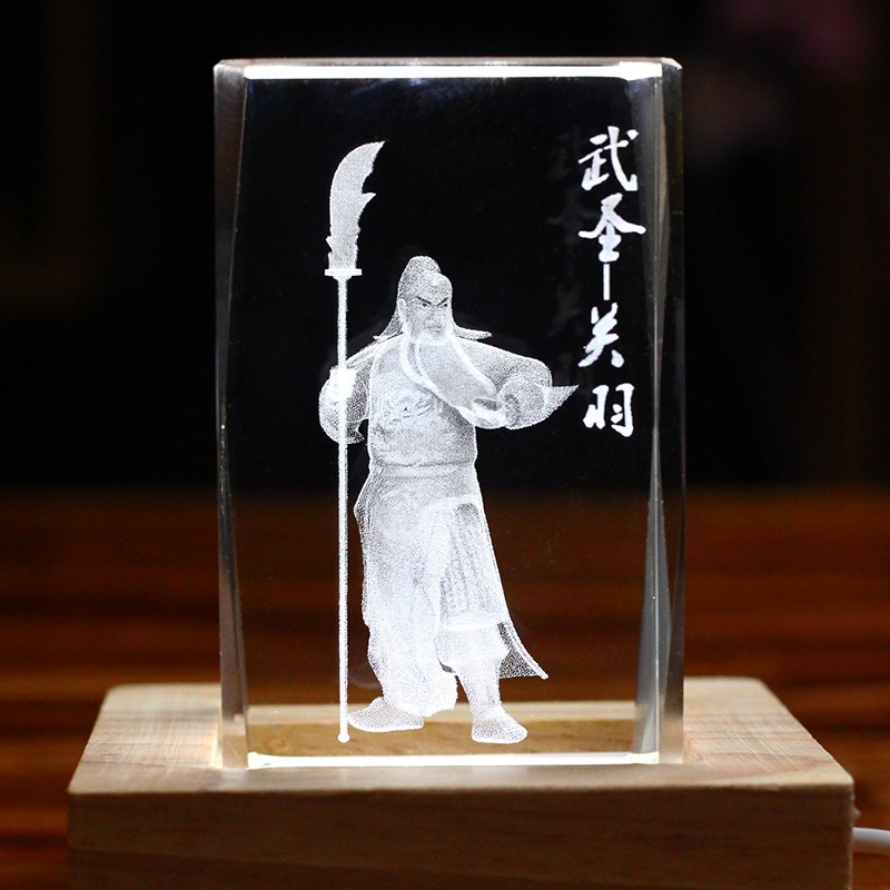 水晶内雕雕刻关羽光公像办公桌面工艺品摆件七彩LED灯座饰品礼品