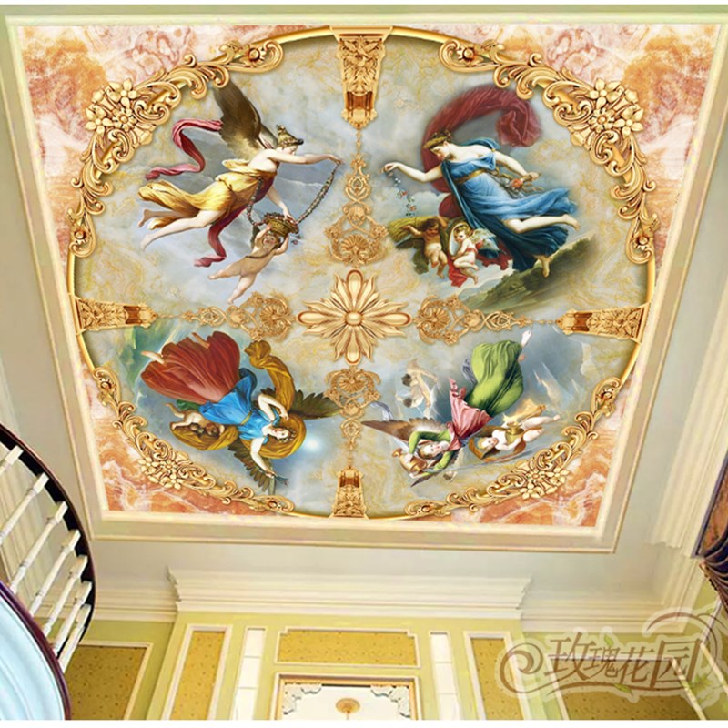 客厅天花板自粘壁画欧式花纹高档吊顶屋顶棚顶墙纸3d立体防水墙贴