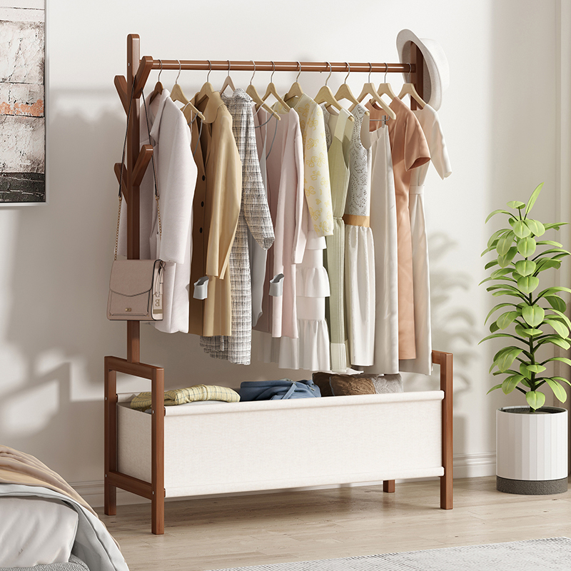家用挂衣架卧室床边衣物收纳架子爆款实木落地衣帽架多功能储物架