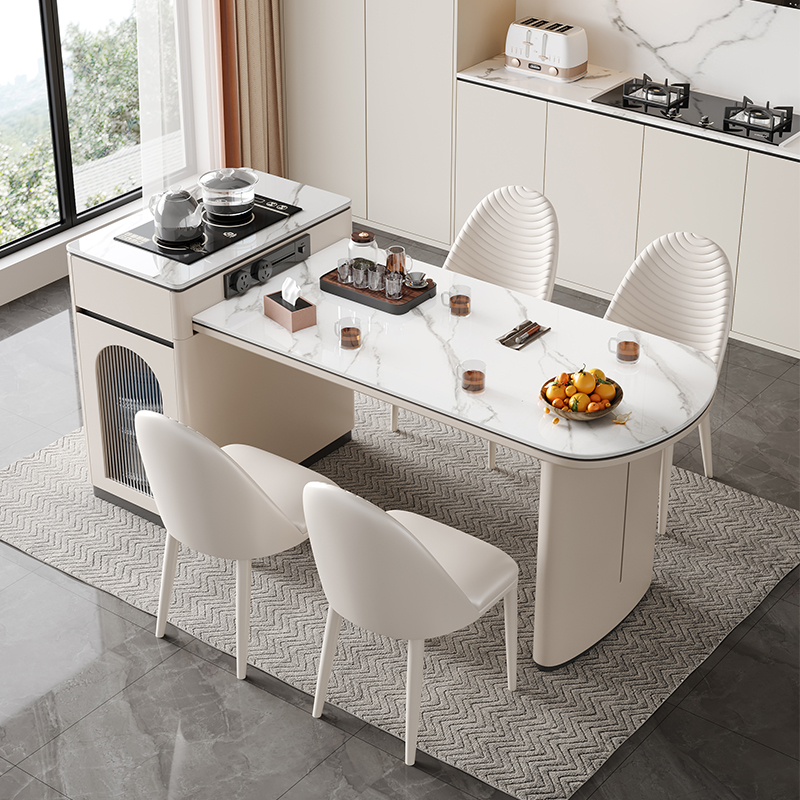 奶油风岛台加餐桌一体岩板导台现代小户型家用饭桌可伸缩岛台