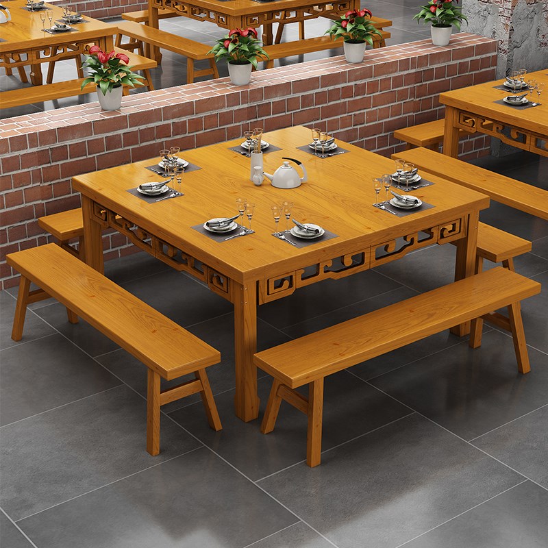 实木正方形餐桌饭店桌椅四方餐桌面馆小吃店中式雕花八仙桌
