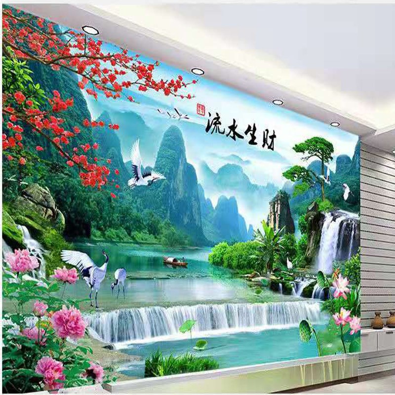 迎客松流水生财电视墙背景墙壁纸壁画3d墙纸山水风景画8D沙发墙