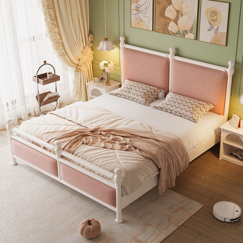 白色实木床1米8双人床架女生卧室1.8法式奶油风粉色软靠包公主床