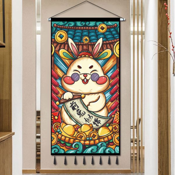 2023年新年喜庆布艺挂画卧室客厅墙壁墙面挂毯兔年装饰挂布背景布