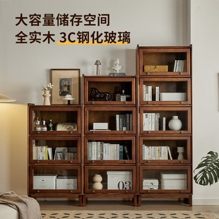 客厅展w示柜收纳储物家用实木书架置物柜落 防尘书柜带玻璃门美式