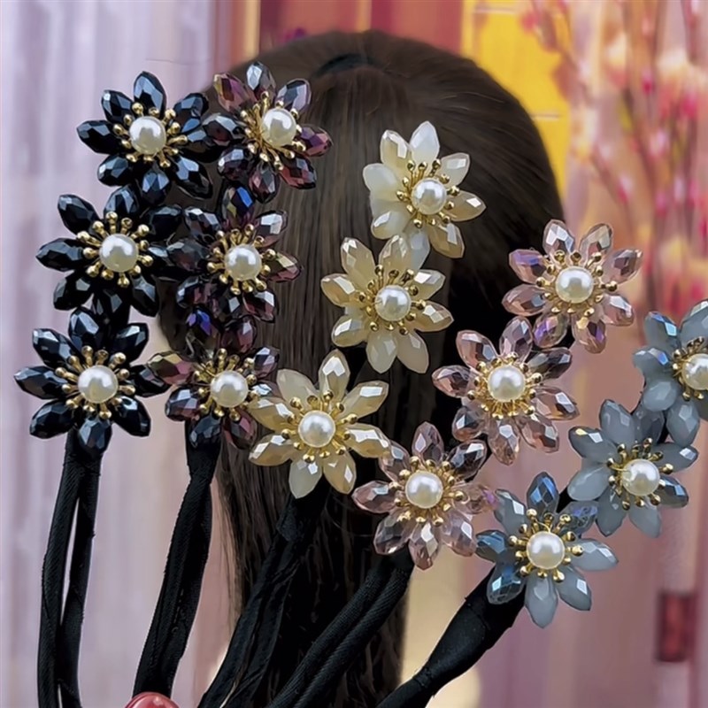 气质水钻珍珠花朵盘发r棒女低丸子头后脑勺懒人扭扭盘发器水晶杆