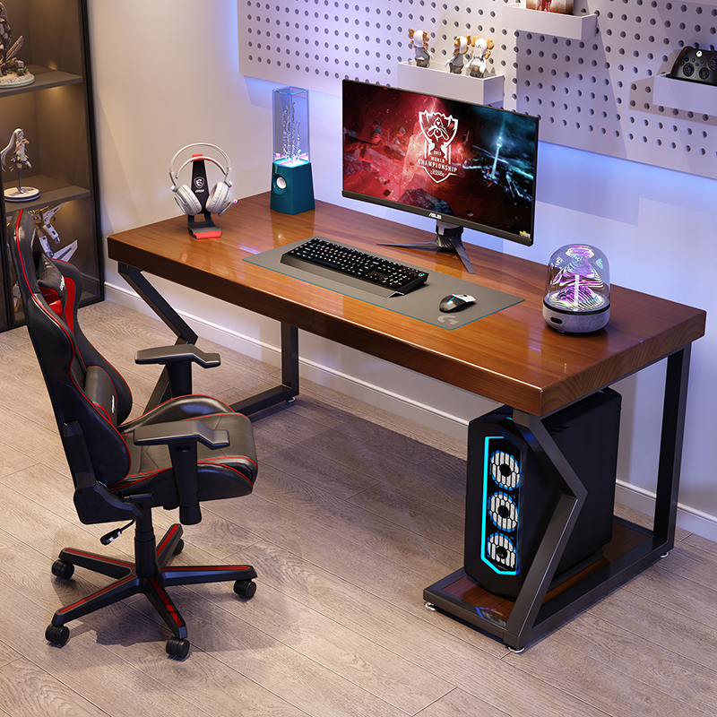 实木电脑桌台式家用书桌写字台工作办公桌带主机箱T托一体电竞桌