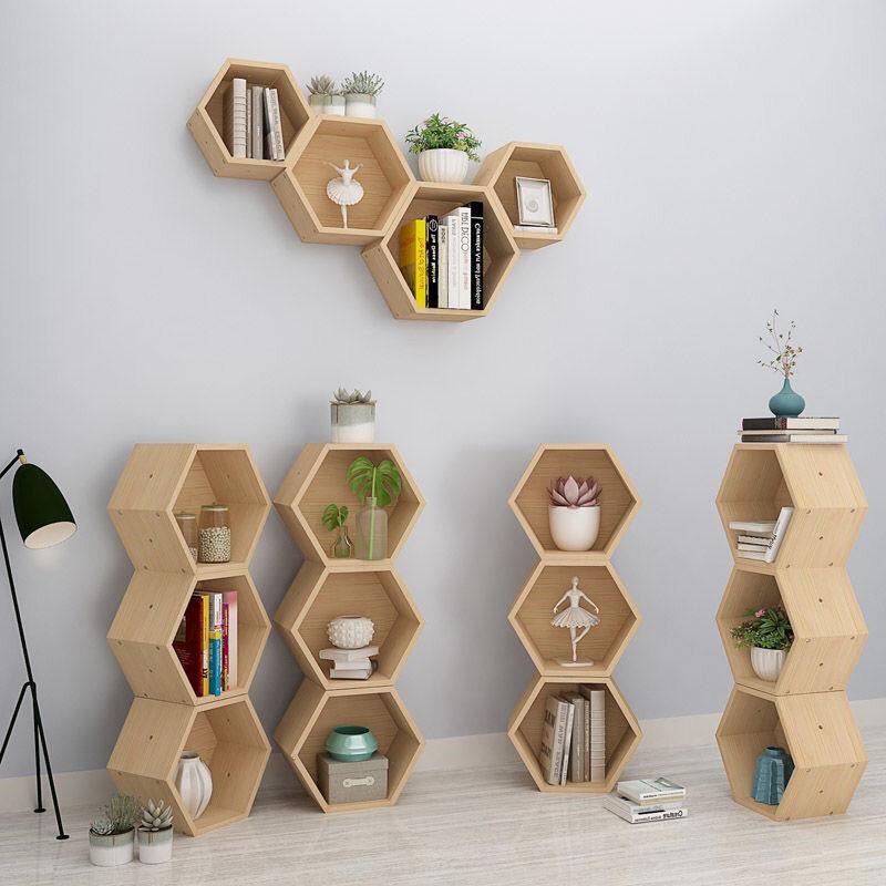 六边形墙上置物架玄关壁挂装饰z客厅卧室实木书架背景墙框创意格