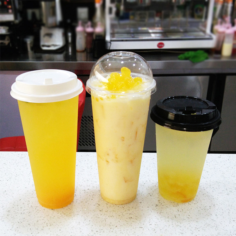 90加厚光杯 一次性透明奶茶杯塑料杯带盖700ml0只果汁打包杯子