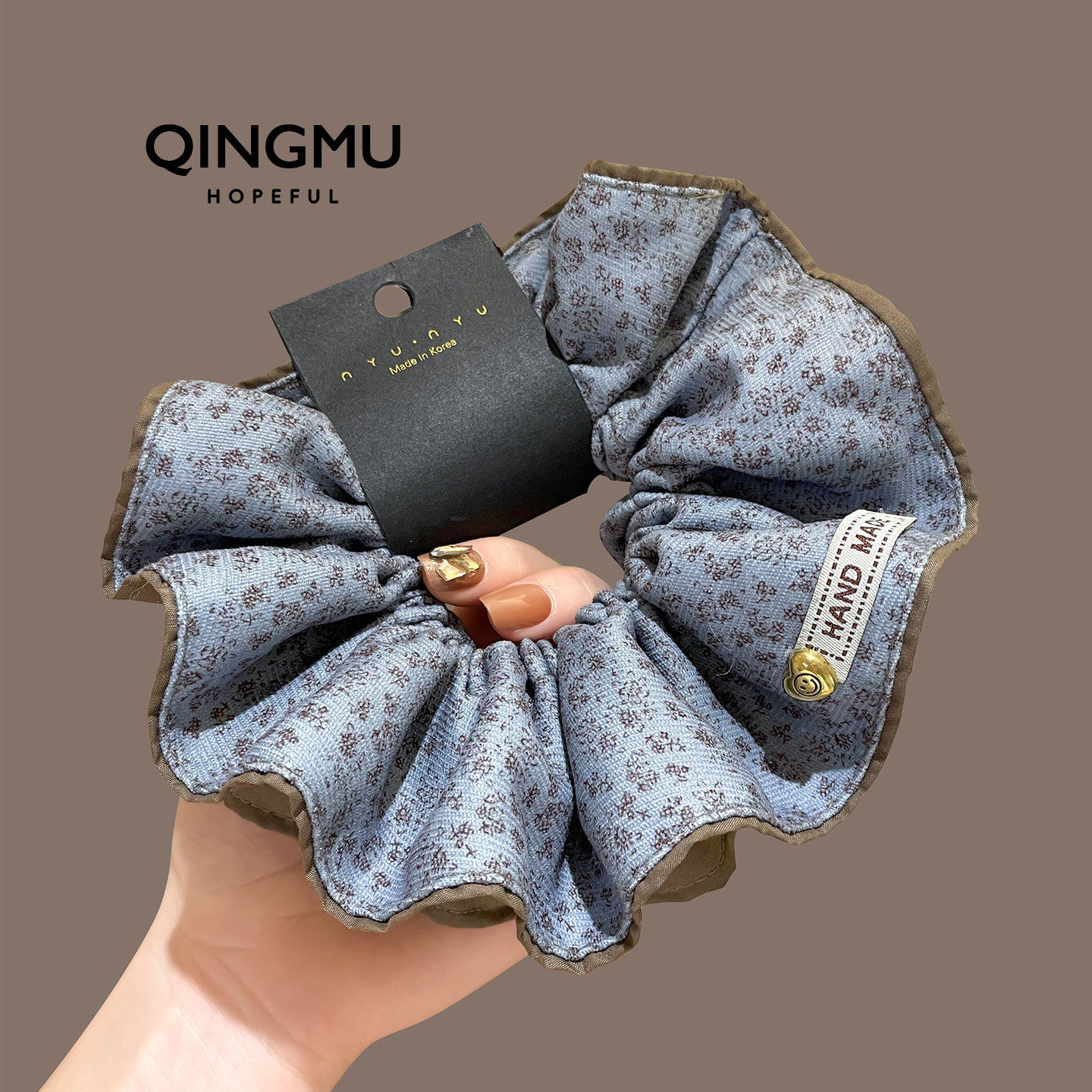 海盐蓝色小碎花大肠发圈女双层丸子头花头圈百搭马尾发绳皮筋发饰图片