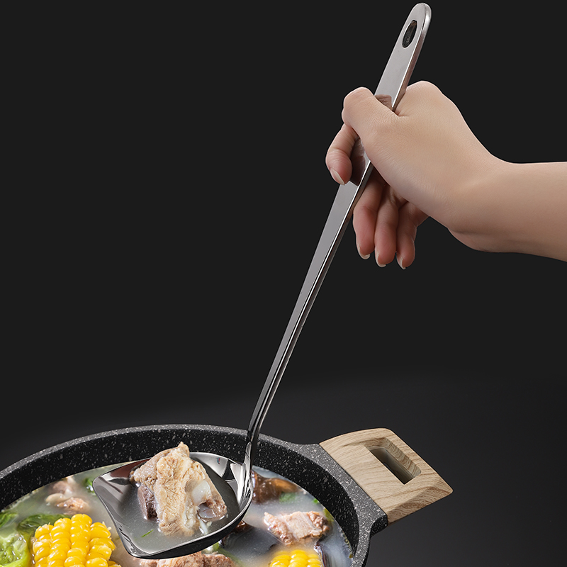 创意砂锅勺不锈钢汤勺家用长柄加厚加深大号平口盛汤盛稀饭粥勺子