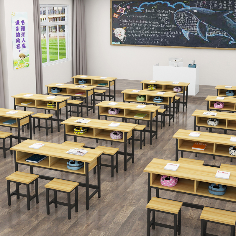 学校课桌椅补习辅导培训班带抽屉单双人中小学生双层学习桌子组合