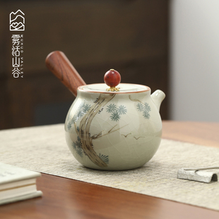 复古侧把壶功夫茶具釉下彩手绘陶瓷接木壶防烫泡茶壶送人礼盒 中式