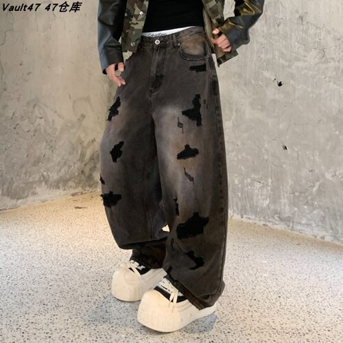 v47美式复古高街破洞牛仔裤