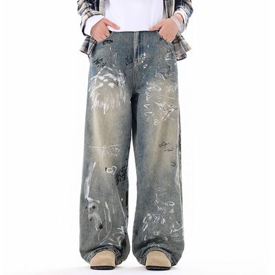 巴黎风美式高街涂鸦牛仔裤男款
