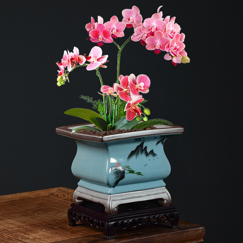 陶瓷哥窑花盆创意中国风手绘国画复古盆器兰花吊兰飘枝四方古典盆