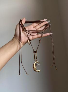 覆古做旧星星月亮吊坠项炼女精致民族风新中式毛衣炼长款挂脖配饰